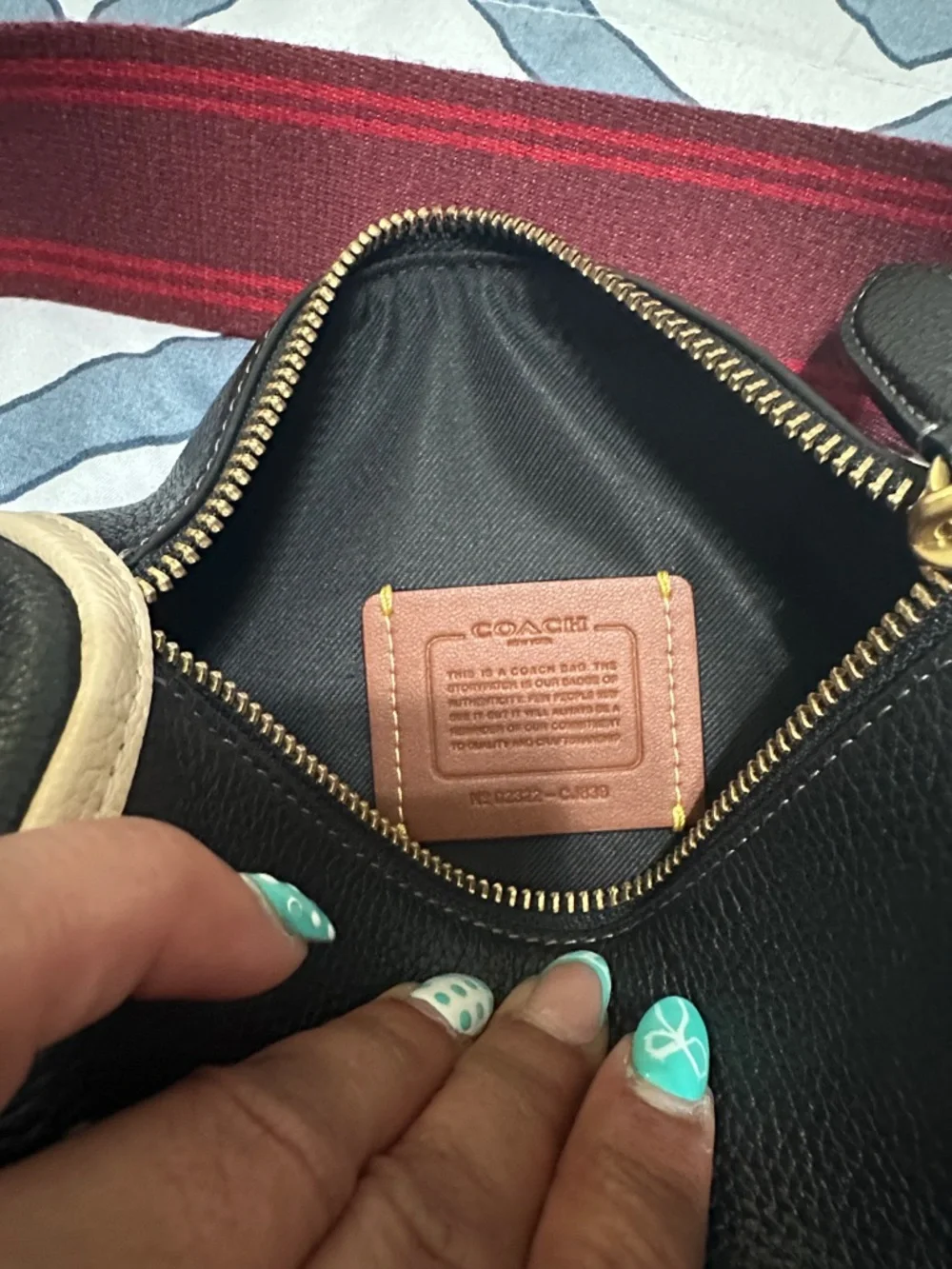 COACH Black Mini Barrel Bag with Red Strap and Cream Trim - Picture 6 of 7